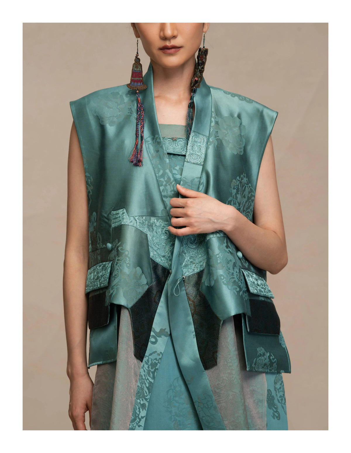 Luxury Asymmetric Silk Wrap Slate Teal Vest - 26Z00701