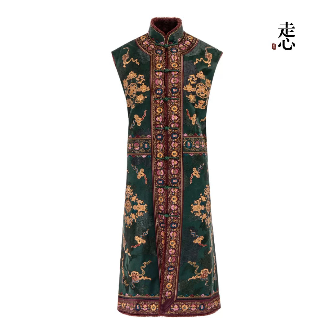 Luxury Teal Song Brocade Shearling Long Vest-26ZWT6931