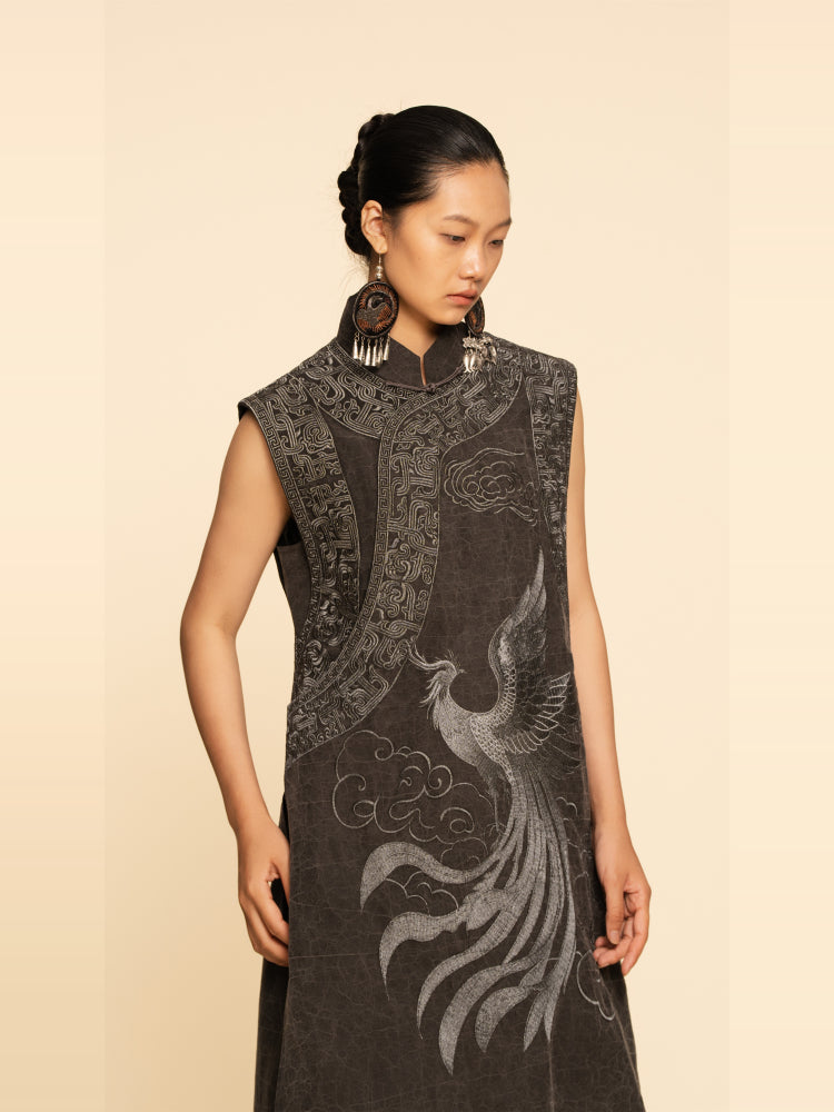 Heritage Xiangyun Silk Cheongsam Dress – Phoenix Silver Embroidery & Crackle Pattern | Zouxin Silk