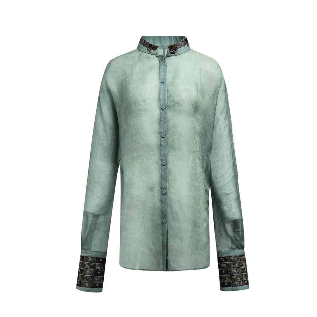 Luxury Green Silk Organza Mandarin Shirt-25ZY51360051