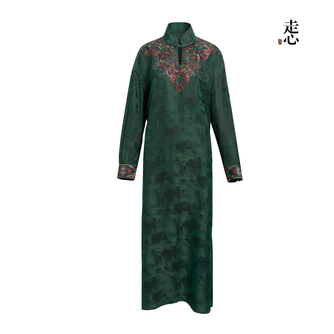 Luxury Green Embroidered Silk Maxi Dress-26ZW013F