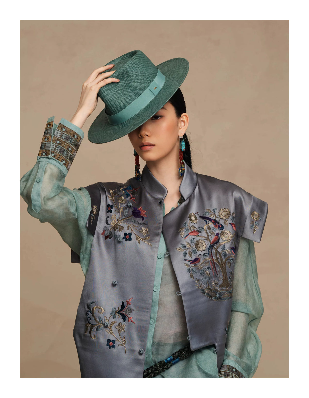 Luxury Teal Peony Silk Suiting Vest-26ZMJ6552