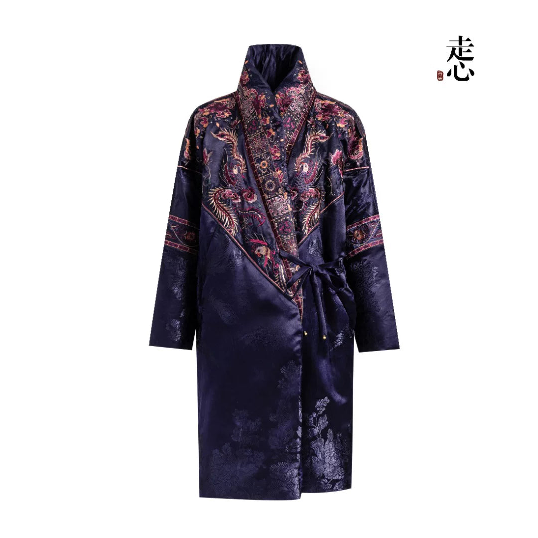 Luxury Black Phoenix Silk Down Puffer Coat-24ZX8079