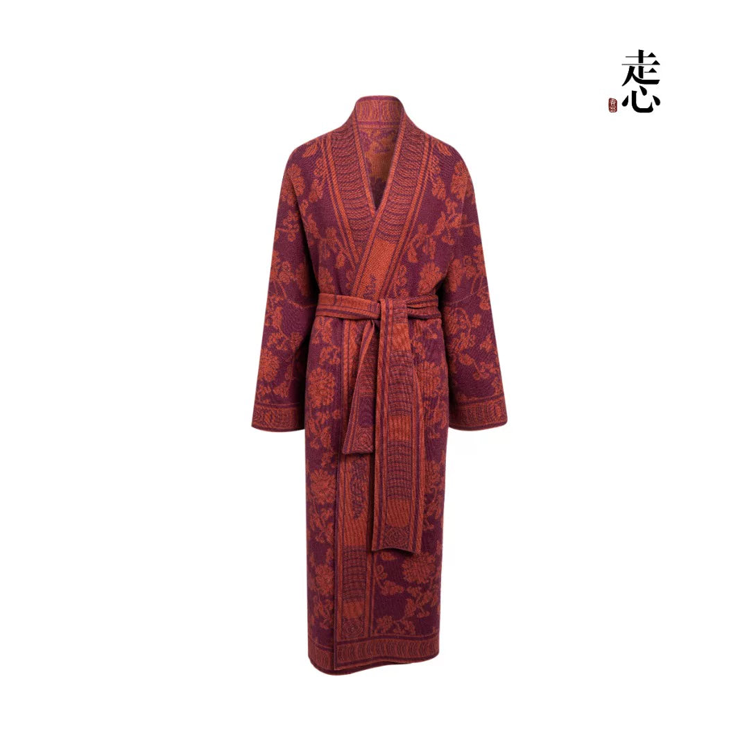 Luxury 1175g Red Lotus Cashmere Robe Coat-25ZX2525-1