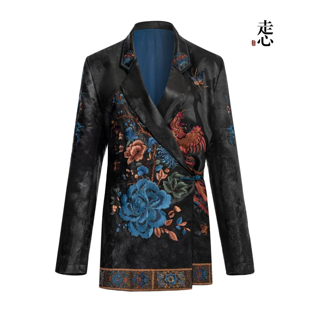 Luxury Black Phoenix Silk Crossover Blazer-26ZWT6844