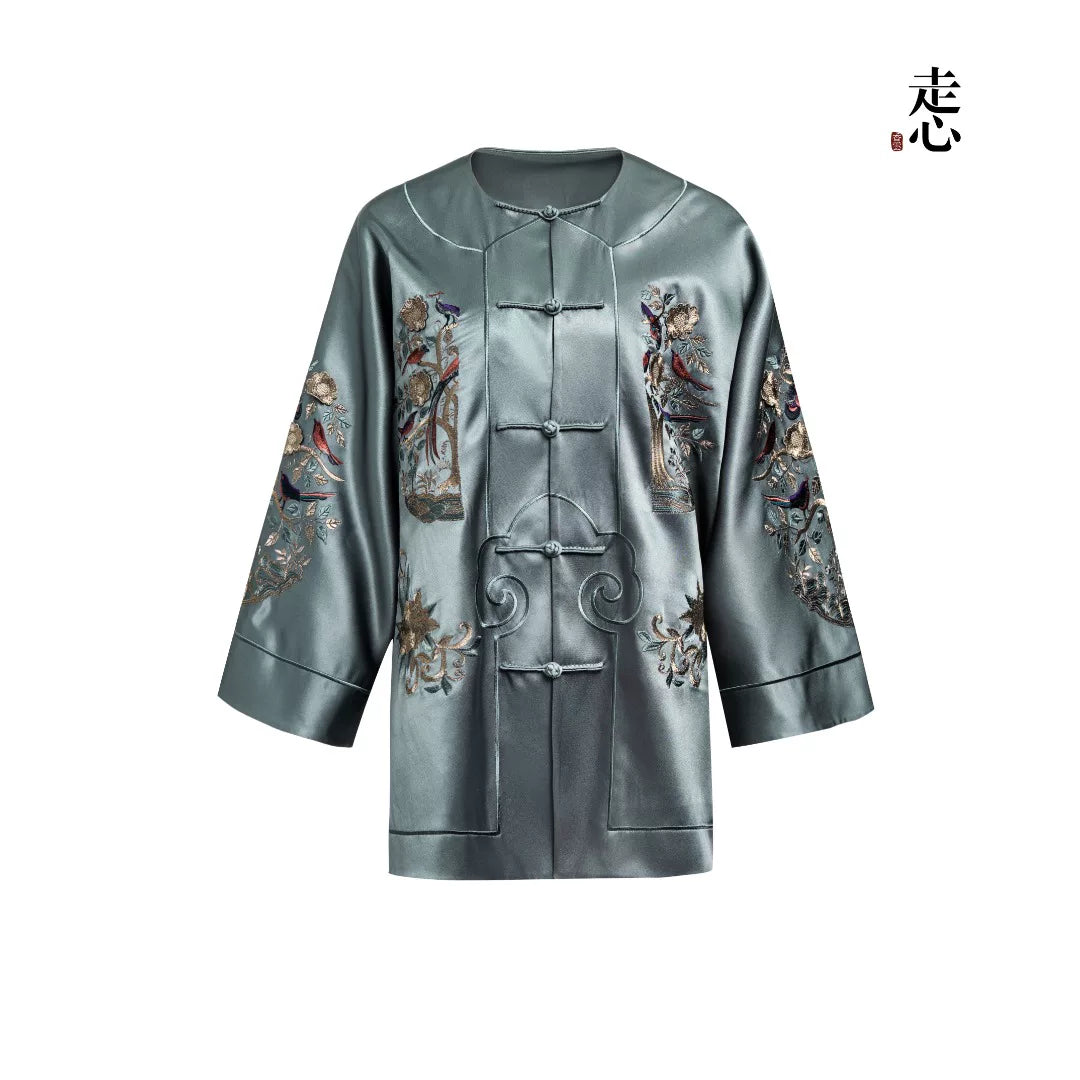 Luxury Celadon Silk Peony Frog Button Jacket-26ZWT6567