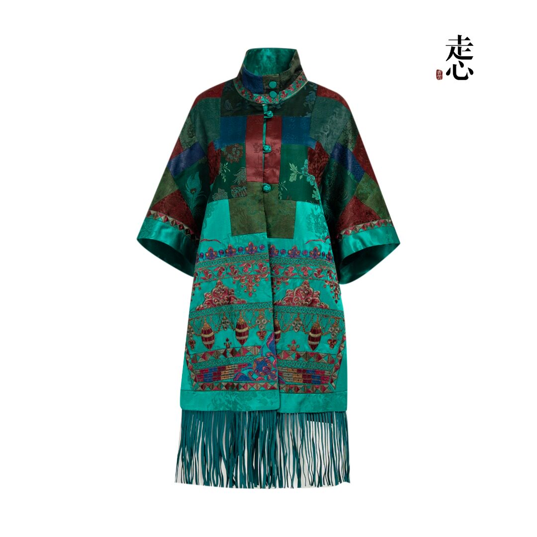 Luxury Dunhuang Silk Cape Coat with Fringe-26Y28621
