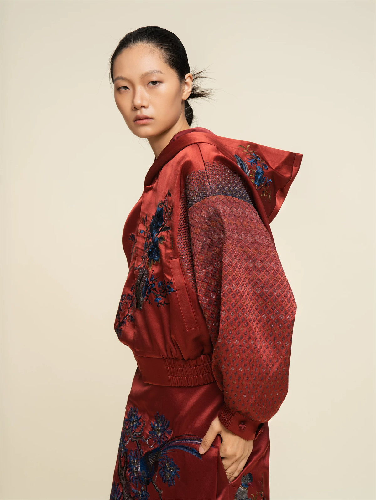 Luxury Carmine Silk Spring Garden Bomber-25ZWT5633