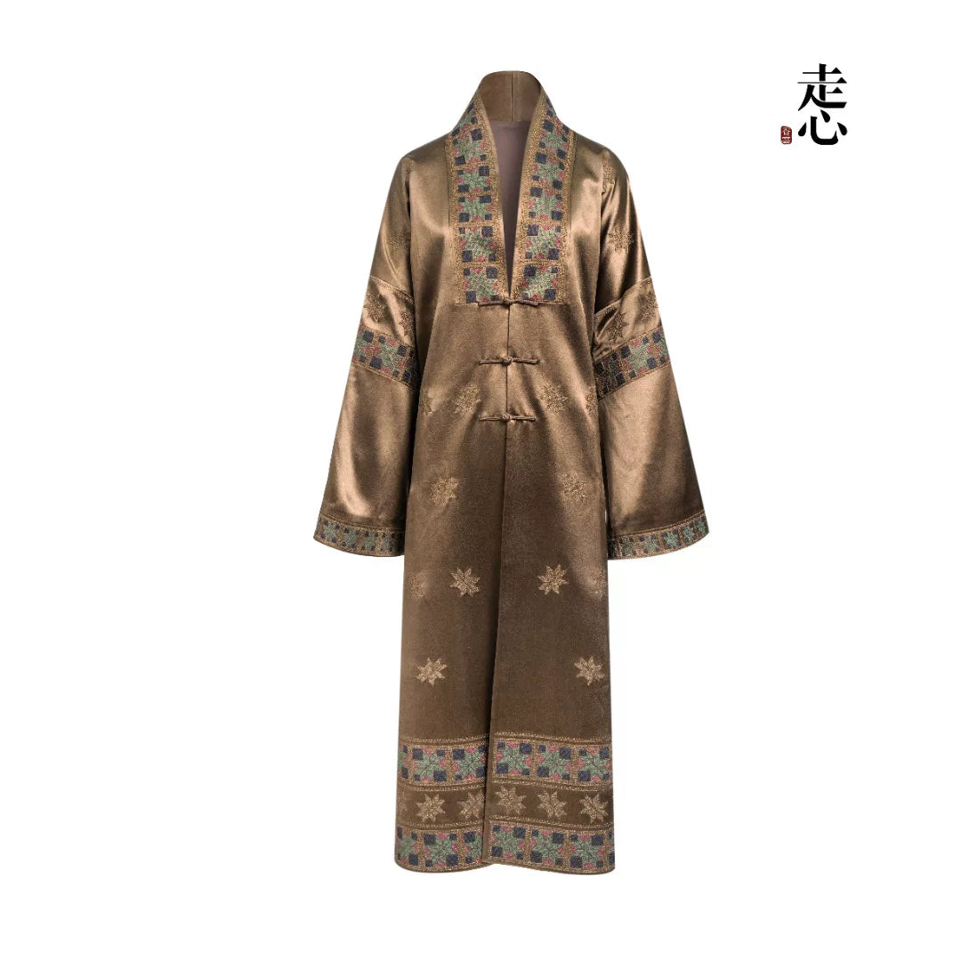 Luxury Bronze Heavy Silk Octagram Maxi Coat-25ZWT6101