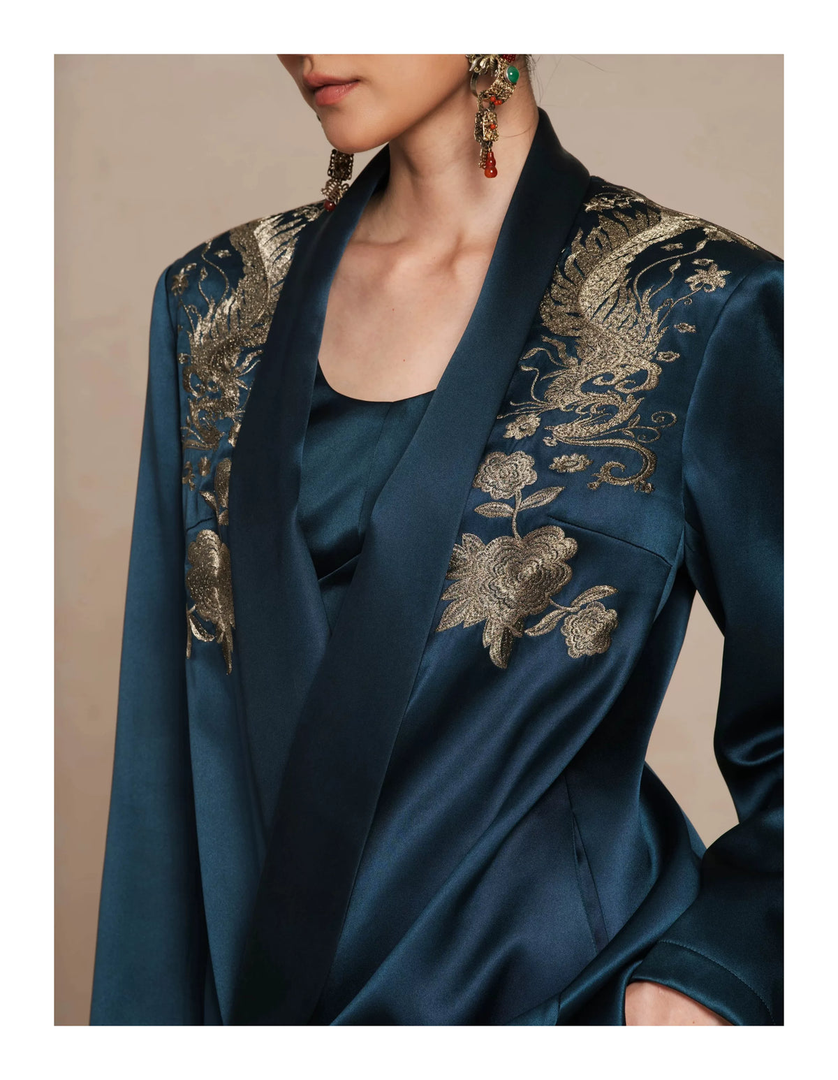 Luxury Navy Silk Phoenix Wrap Blazer- 26ZWT6712
