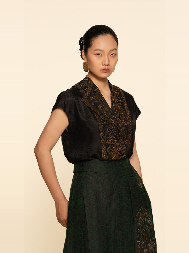 Luxury Asymmetric Embroidered Silk Top-25Y14301