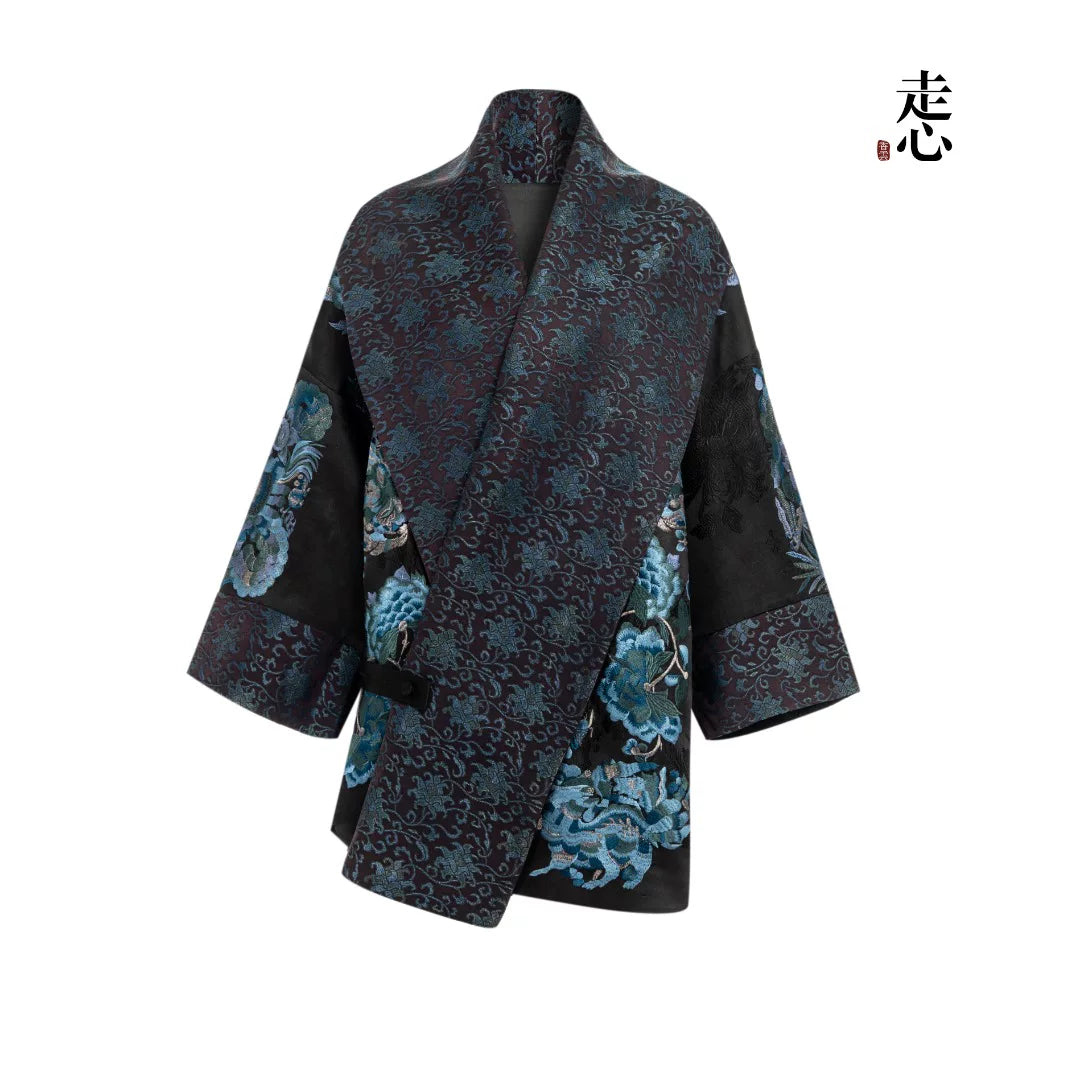 Luxury Blue Luoyue Silk Shawl Duster Coat-26Z140M