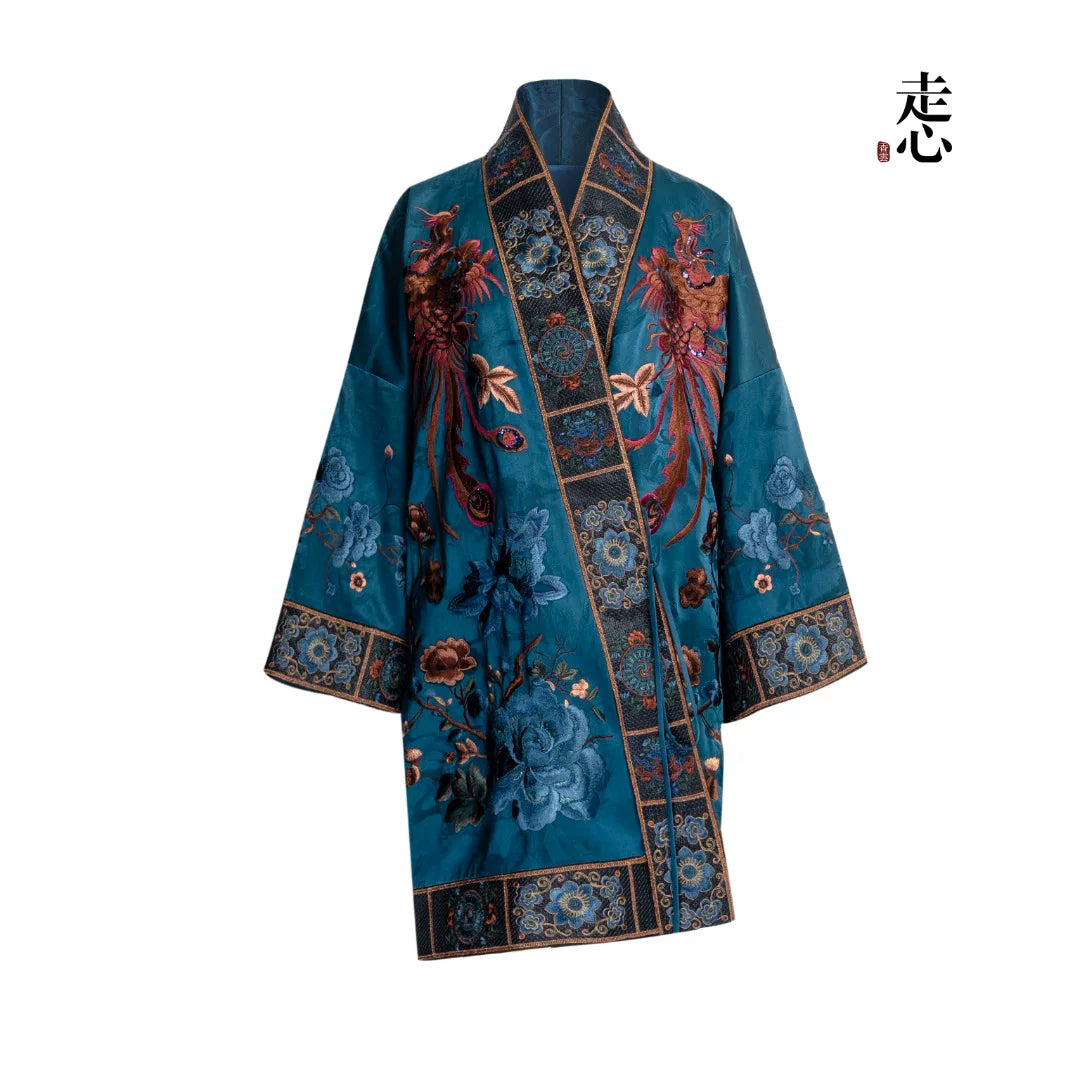 Luxury Blue Phoenix Silk Kasaya Robe-26ZWT6893
