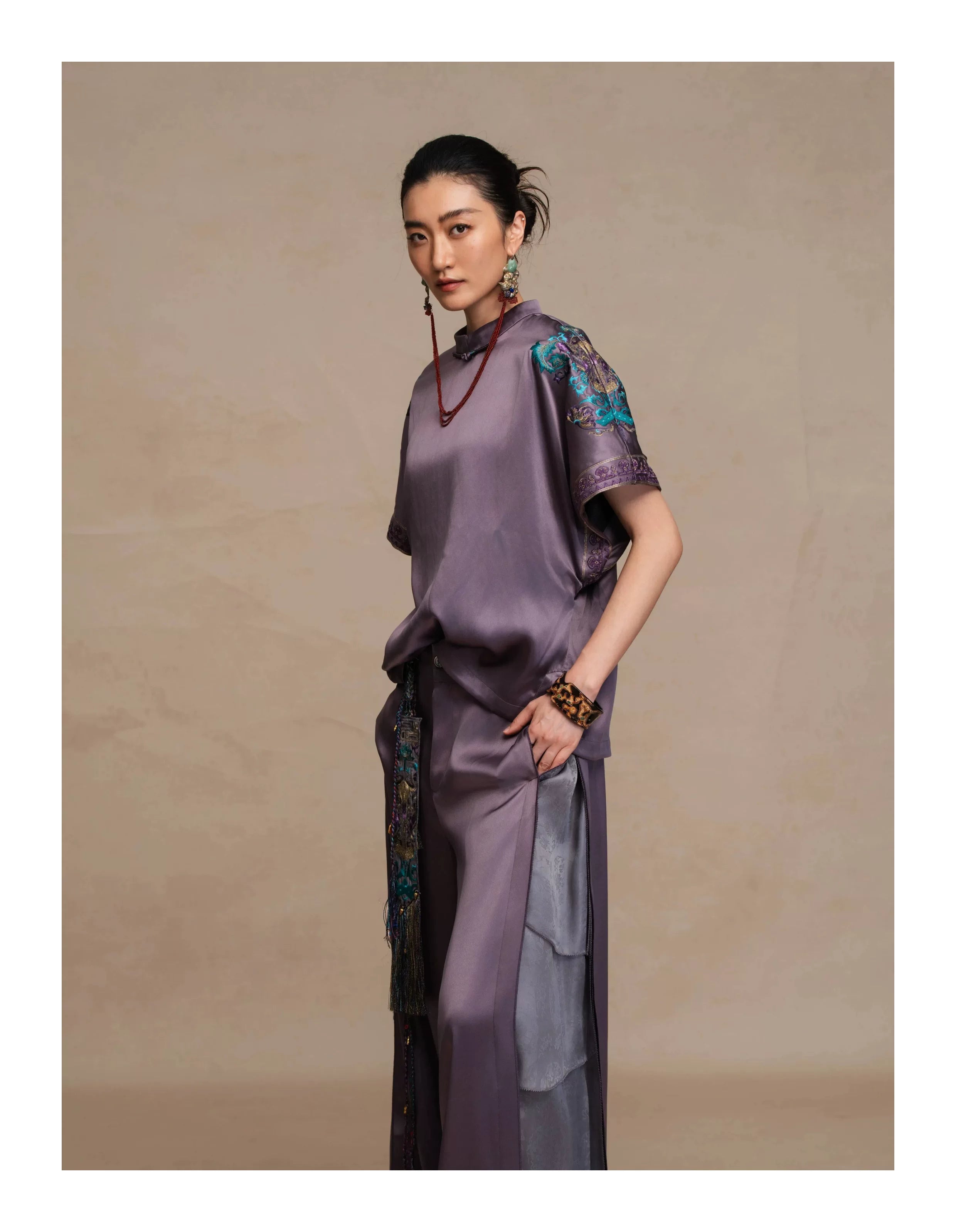 Luxury Imperial Porcelain Silk Batwing Top- 26Y12401