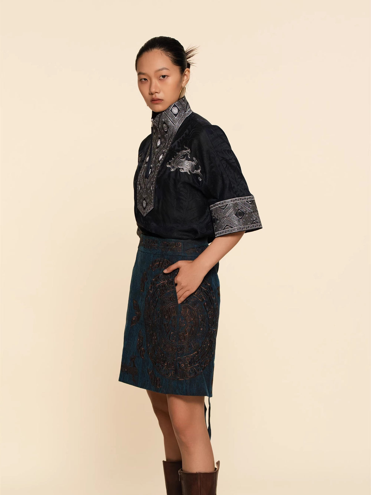 Goldwork Embroidered Short Sleeve Shirt--25ZW62F