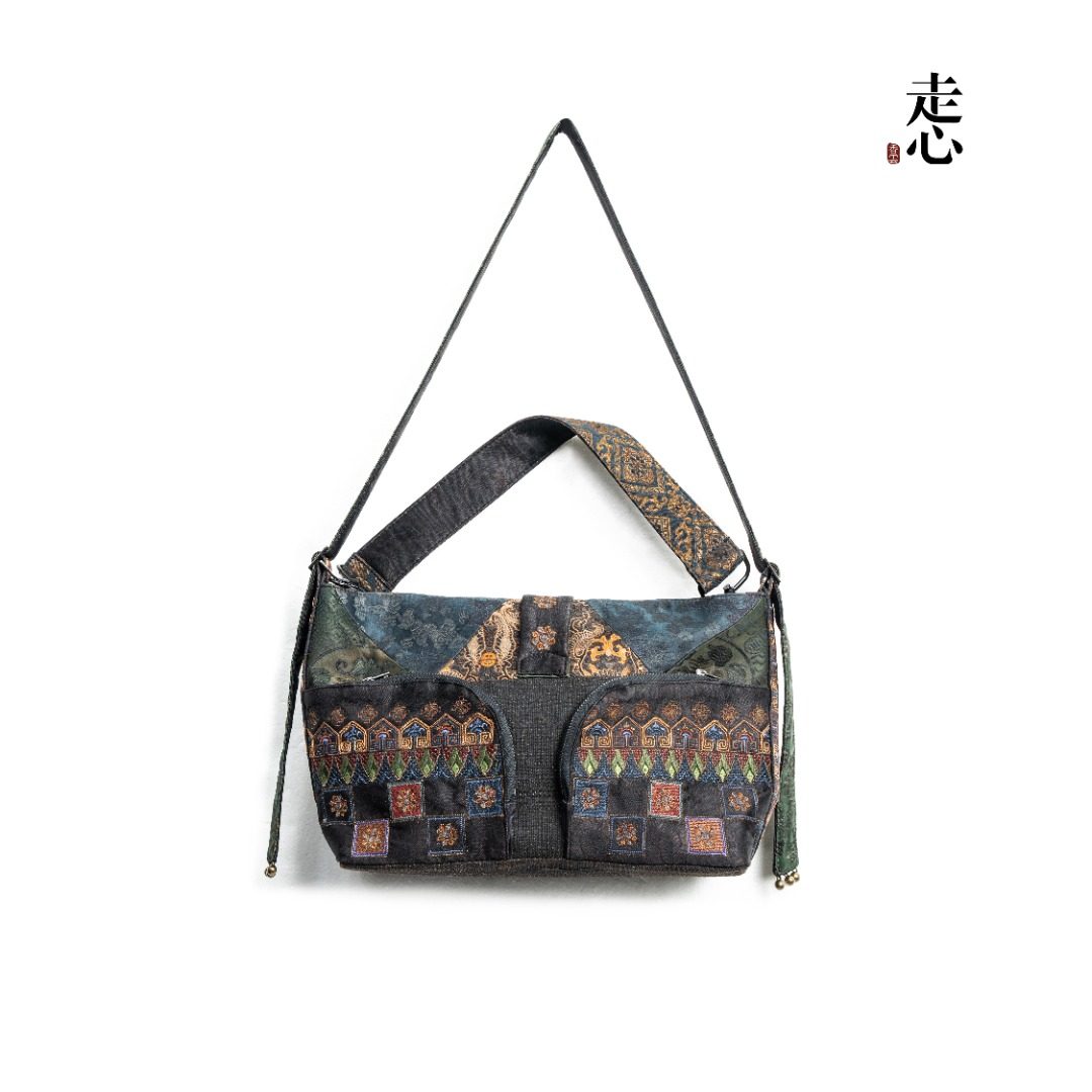 Luxury Artisanal Shoulder Bag | Dunhuang "Nine-Colored Deer" Heavy Silk Satin Hand-Embroidered Square Bag - Bronze Heritage Edition