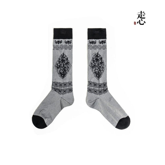 Gold Lacquer Chao Carving Pattern Crew Socks｜Chinese Craft Art Cotton Socks