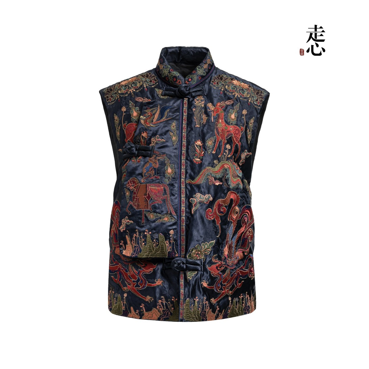 Luxury Gambiered Silk Down Vest - Dunhuang "Nine-Colored Deer" Hand-Embroidered Puffer