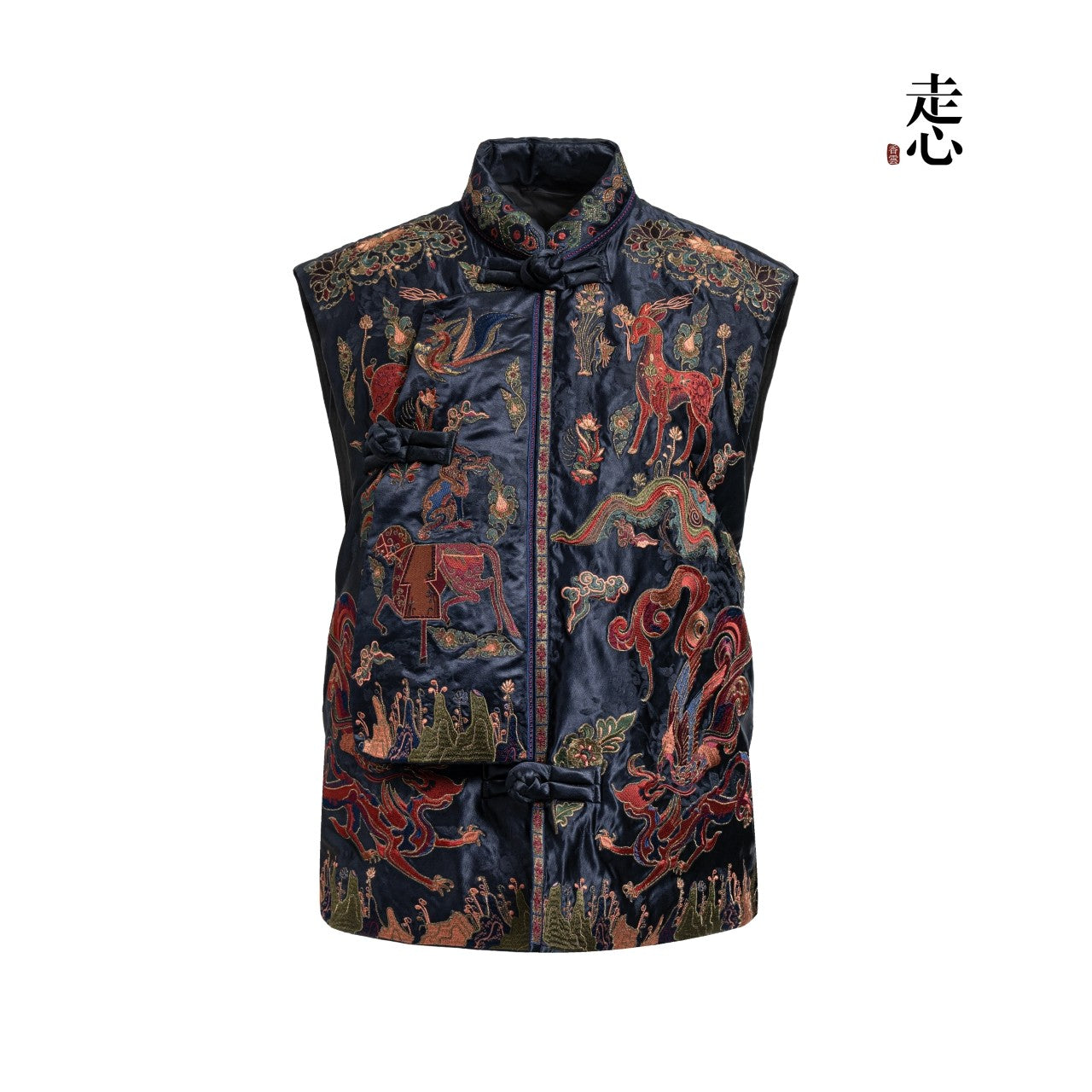 Luxury Gambiered Silk Down Vest - Dunhuang "Nine-Colored Deer" Hand-Embroidered Puffer