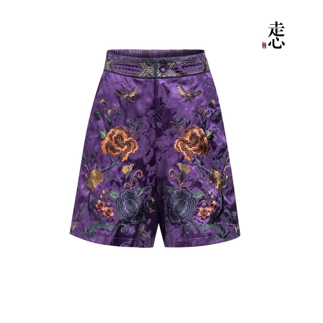 Luxury Imperial Violet Silk Brocade Shorts-25ZKZ6121