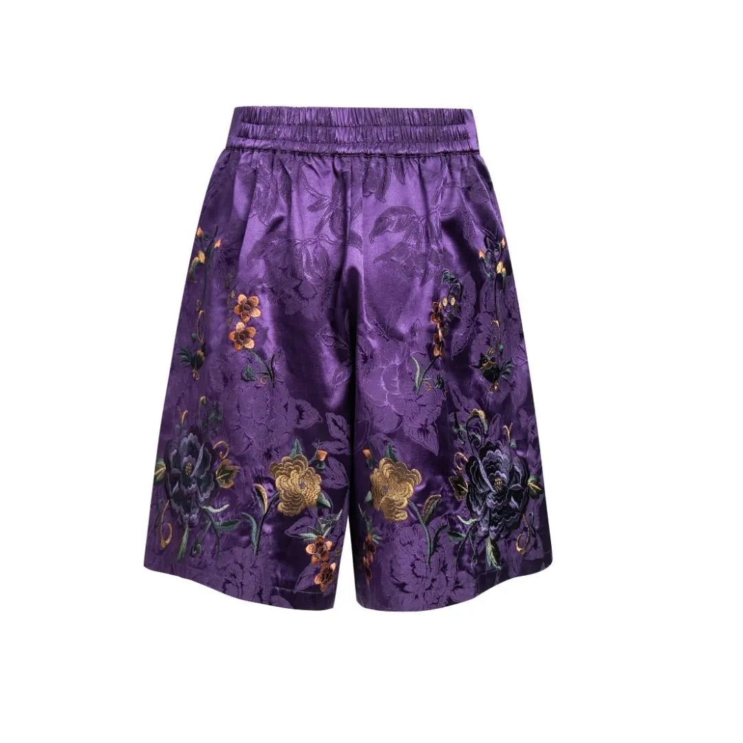 Luxury Imperial Violet Silk Brocade Shorts-25ZKZ6121