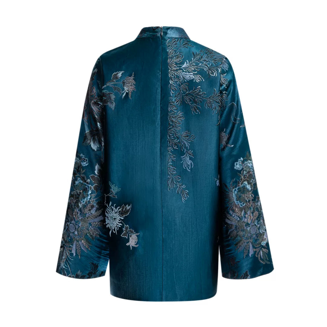 Luxury Blue Luoyue Silk Bell Sleeve Top-26Z152M