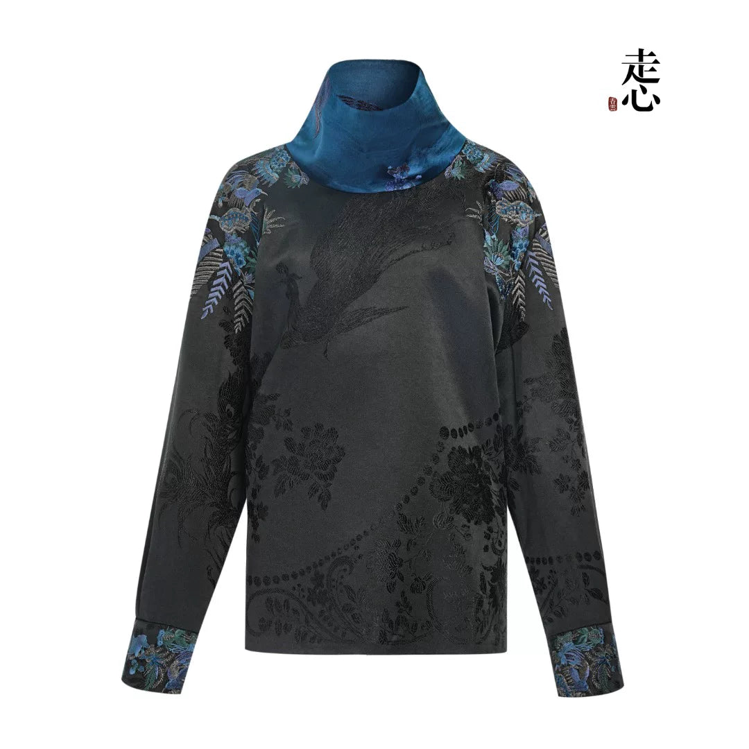 Luxury Black Luoyue Silk High-Neck Top-26Z149M
