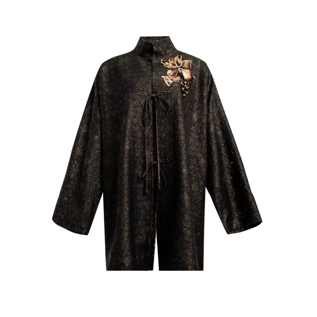 Luxury Black Gold Silk Luo Cardigan Coat- 26M66165