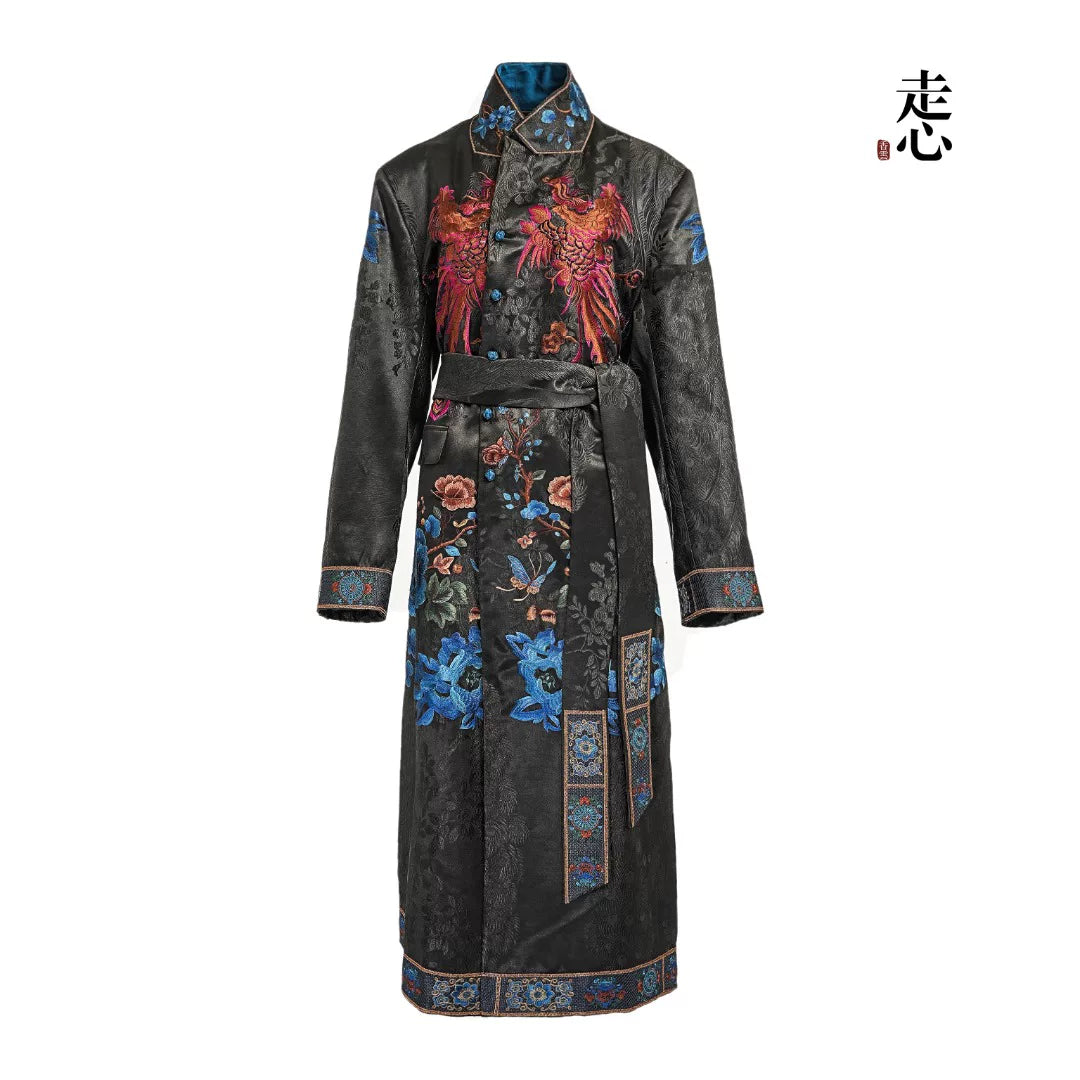 Luxury Black Phoenix Silk Trench Coat-26ZWT6892