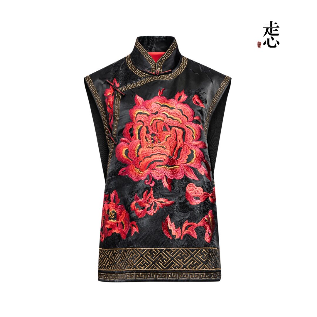 Luxury Black Silk Peony Embroidered Vest-25ZMJ6053