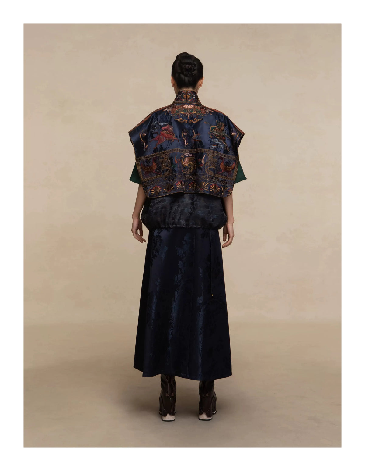 Luxury Navy Pegasus Heavy Silk Maxi Skirt-25ZX9283