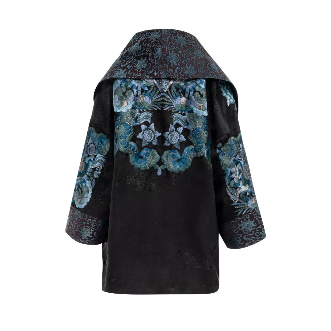 Luxury Blue Luoyue Silk Shawl Duster Coat-26Z140M