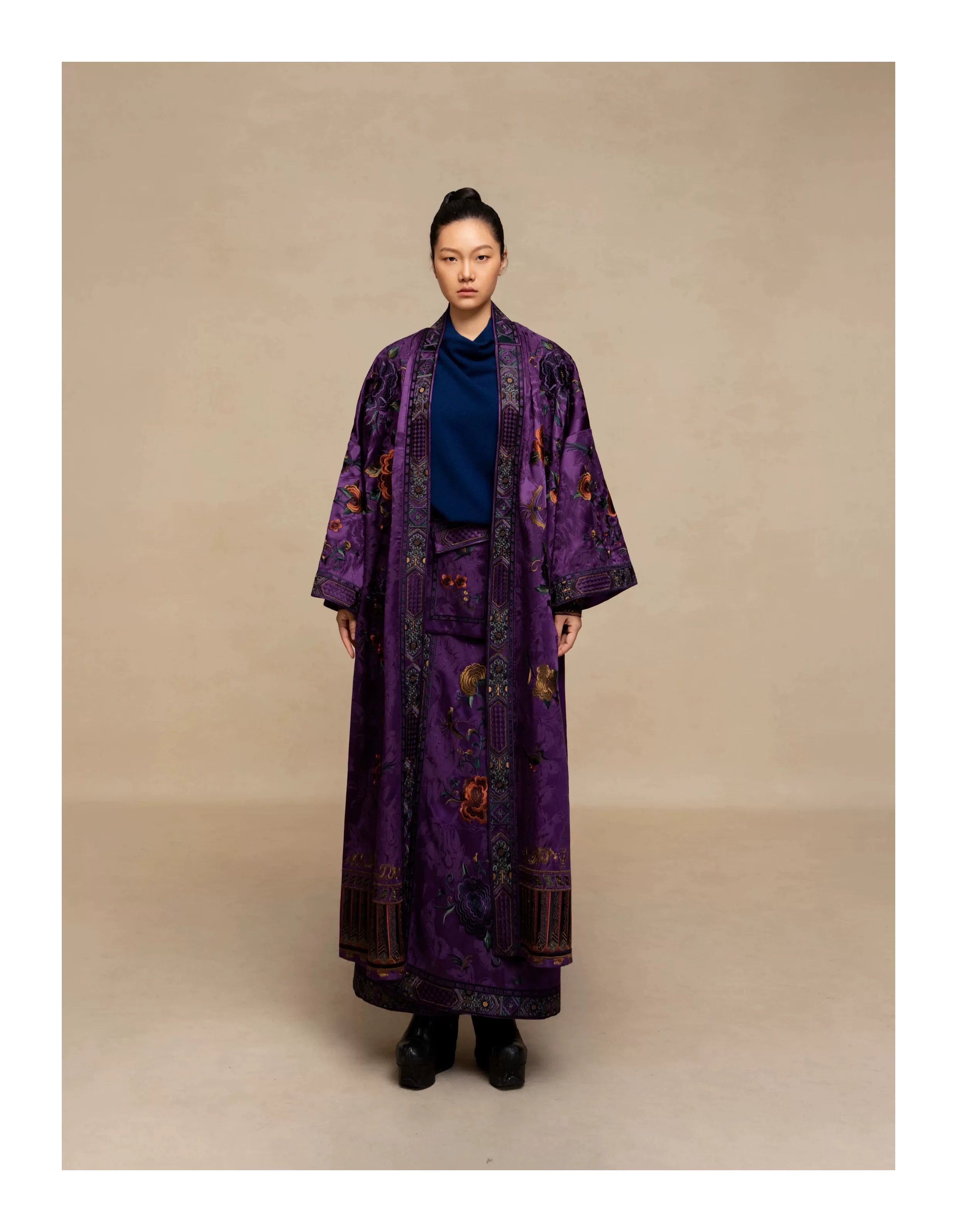 Luxury Imperial Violet Silk Duster Coat-25ZWT6088