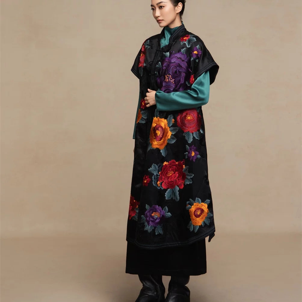 Luxury Peony Silk Cheongsam Vest Robe- 26ZLY6218
