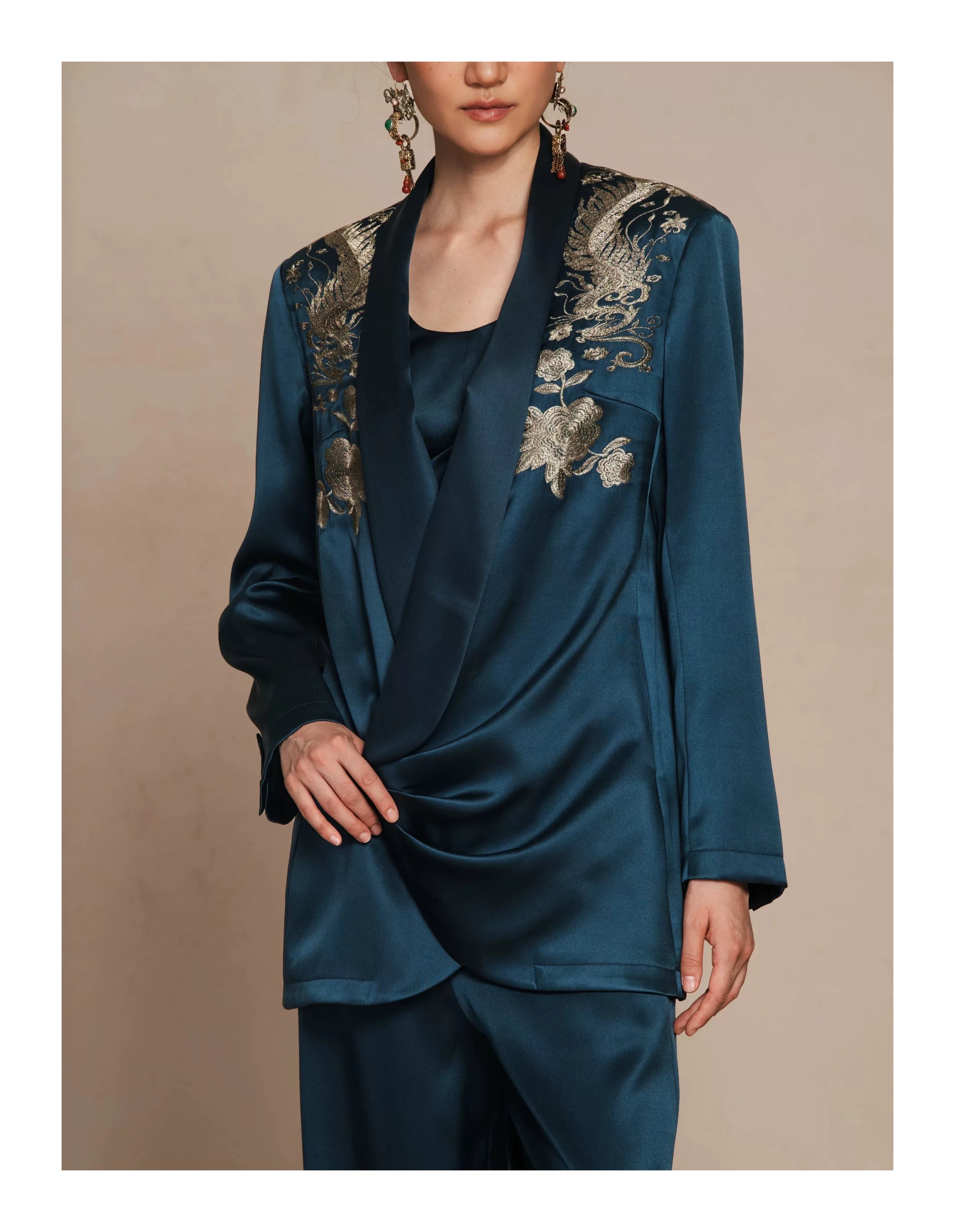 Luxury Navy Silk Phoenix Wrap Blazer- 26ZWT6712