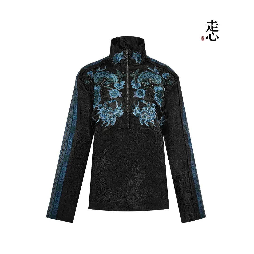 Luxury Black Luoyue Silk Half-Zip Top-26Z145M
