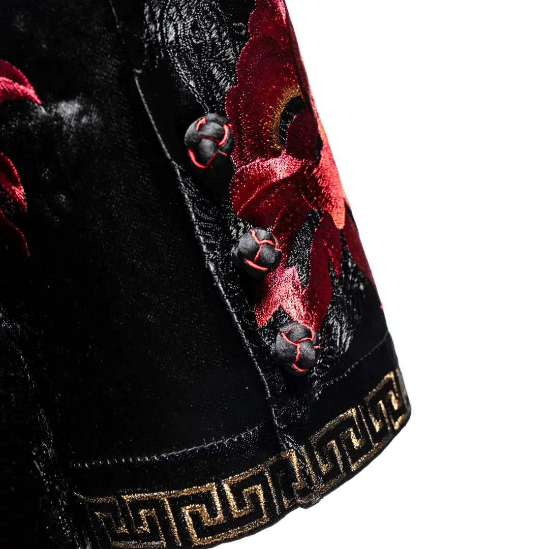 Luxury Black Crimson Peony Heavy Silk Blazer-25ZWT6058