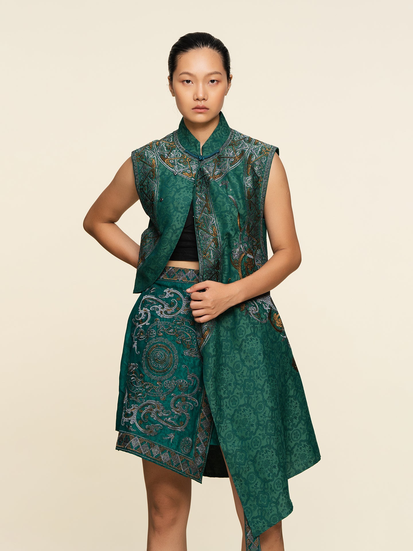 Colorblock Silk Long Vest--25ZW107F