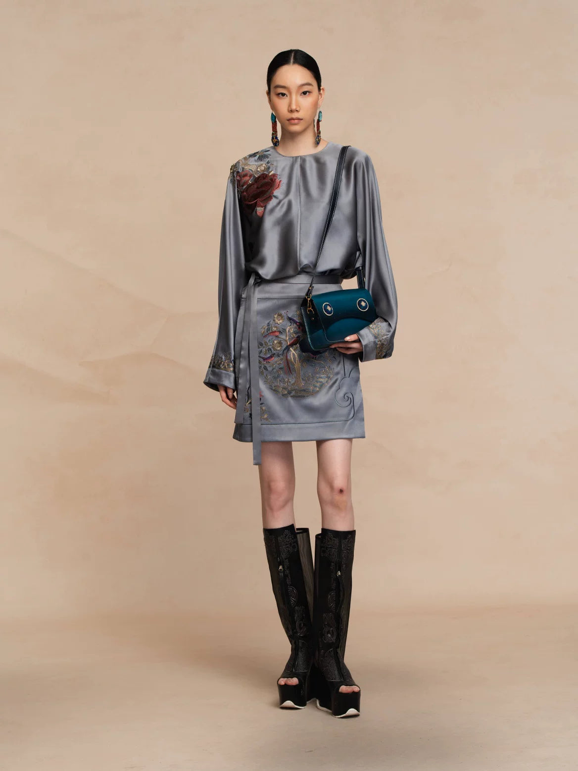 Luxury Celadon Silk Peony Pullover Blouse-26ZCS6569