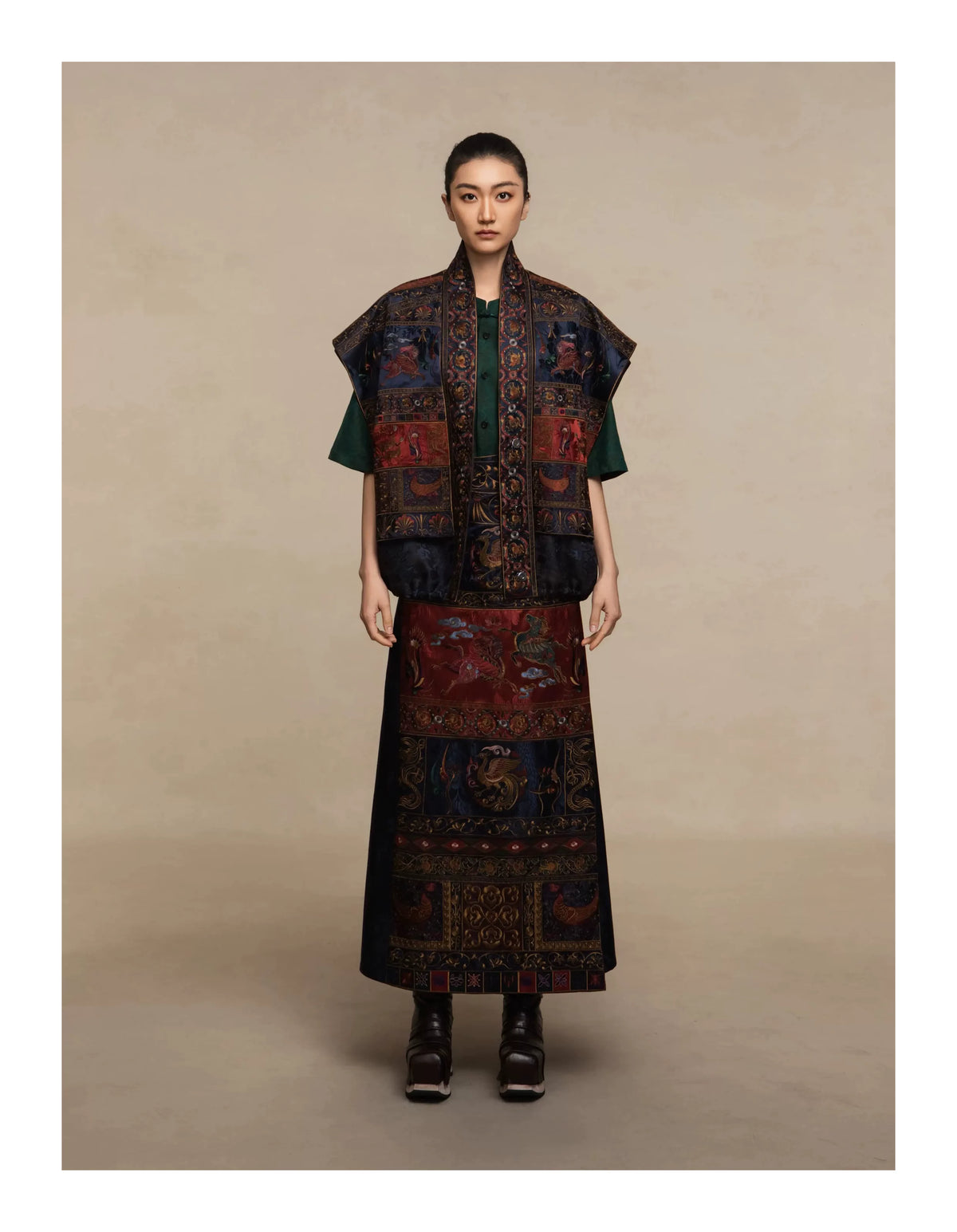 Luxury Navy Pegasus Heavy Silk Maxi Skirt-25ZX9283