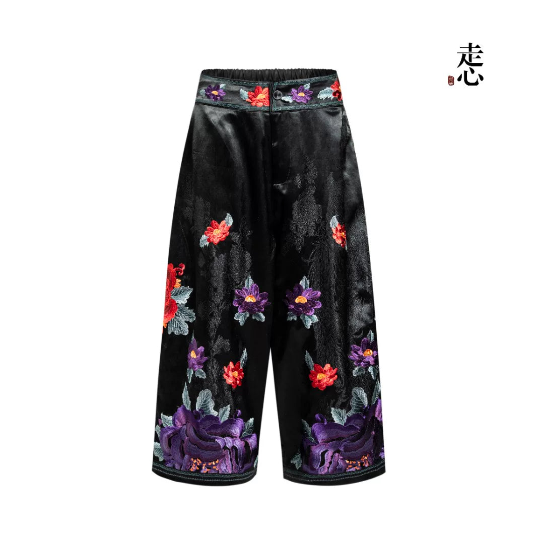Luxury Black Silk Floral Wide-Leg Pants-26ZKZ6211