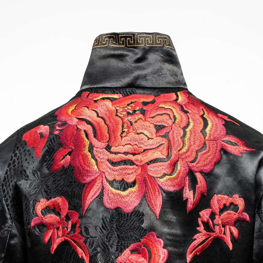 Luxury Black Crimson Peony Heavy Silk Blazer-25ZWT6058