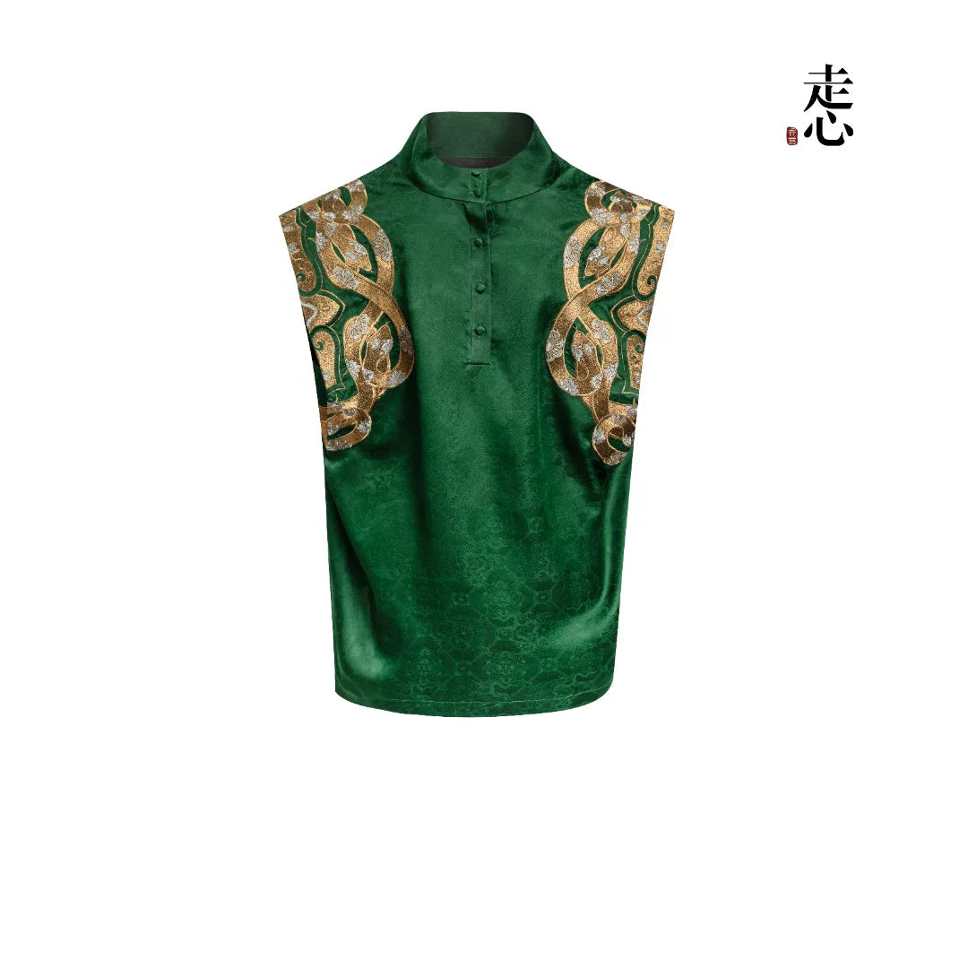 Luxury Emerald Silk Brocade Mandarin Vest-25ZW64F