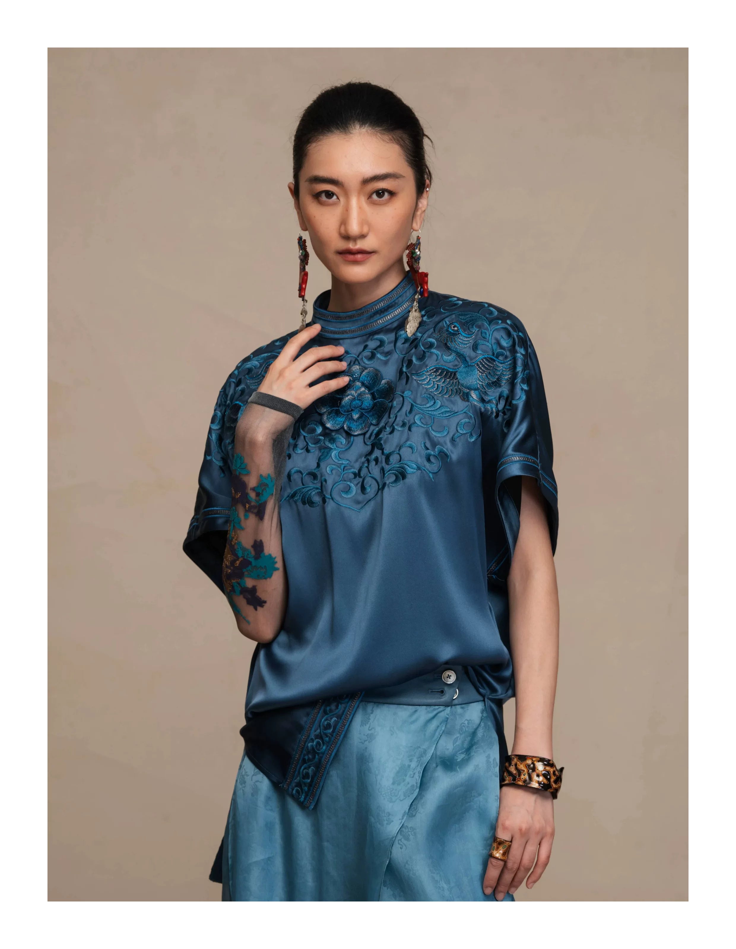 Luxury 60 Momme Silk Phoenix Top- 26ZCS6670