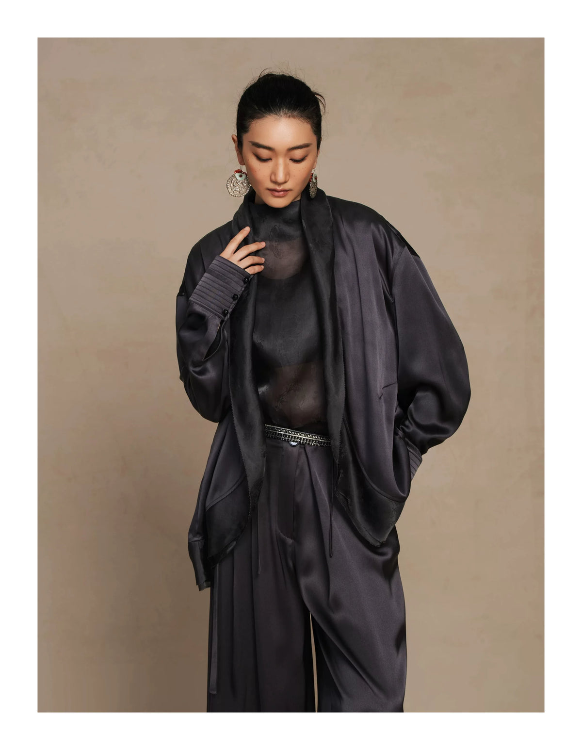 Luxury Midnight Blue Silk Organza Cardigan-26Y21001