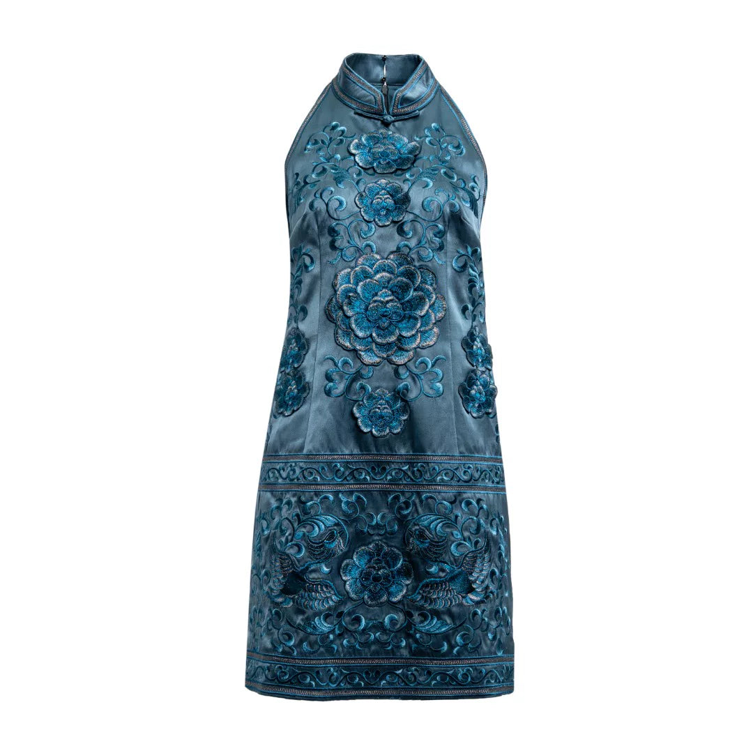 Luxury 60 Momme Silk Halter Phoenix Dress- 26ZLY6703