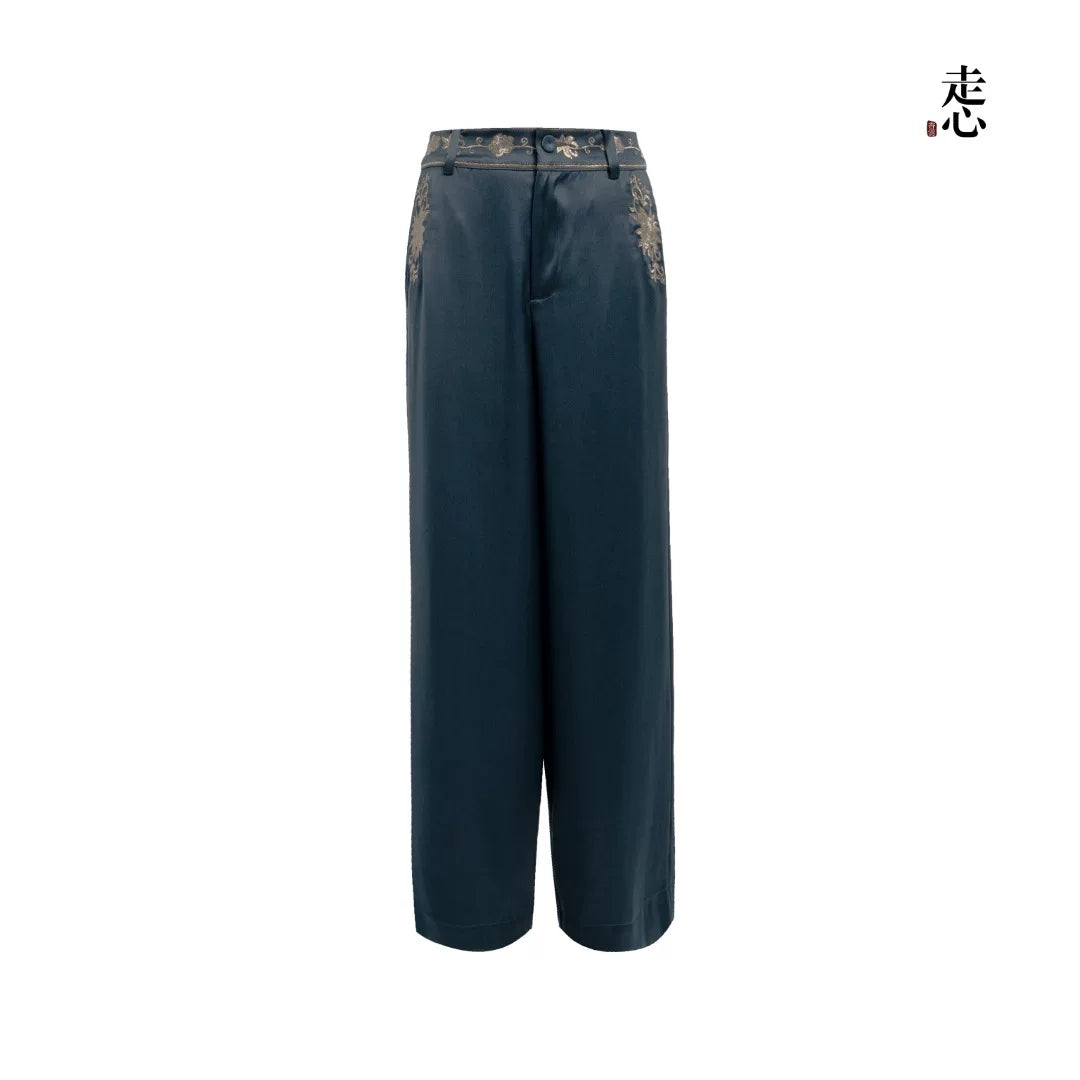 Luxury Navy Silk Phoenix Wide-Leg Pants- 26ZKZ6734