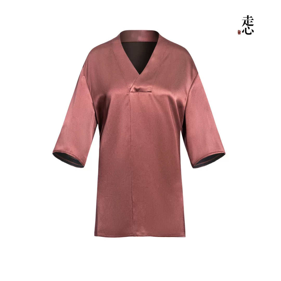 Luxury Red Gambiered Silk V-Neck Top-26Z2Y116189