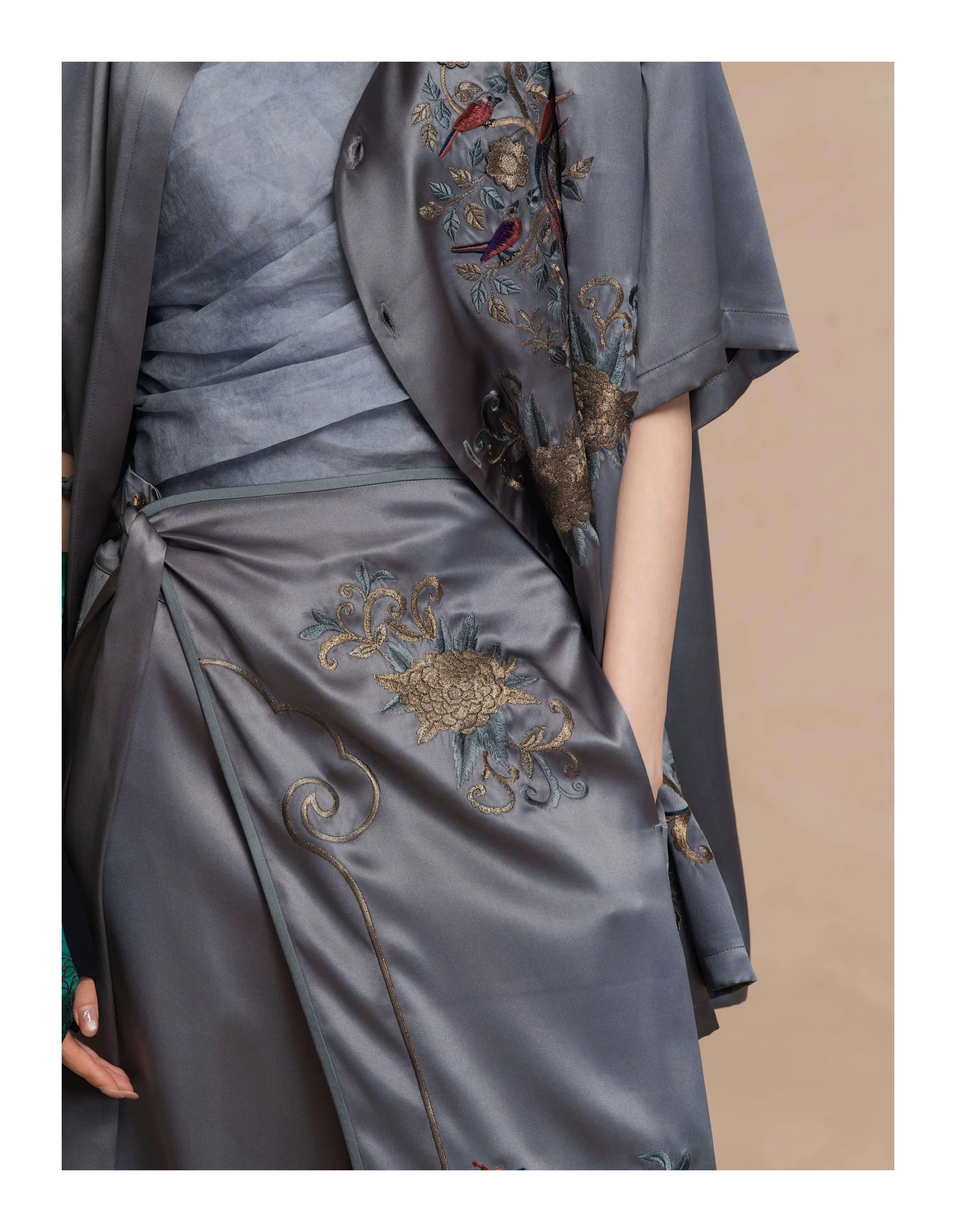 Luxury Celadon Silk Peony Layered Pants-26ZKZ6551
