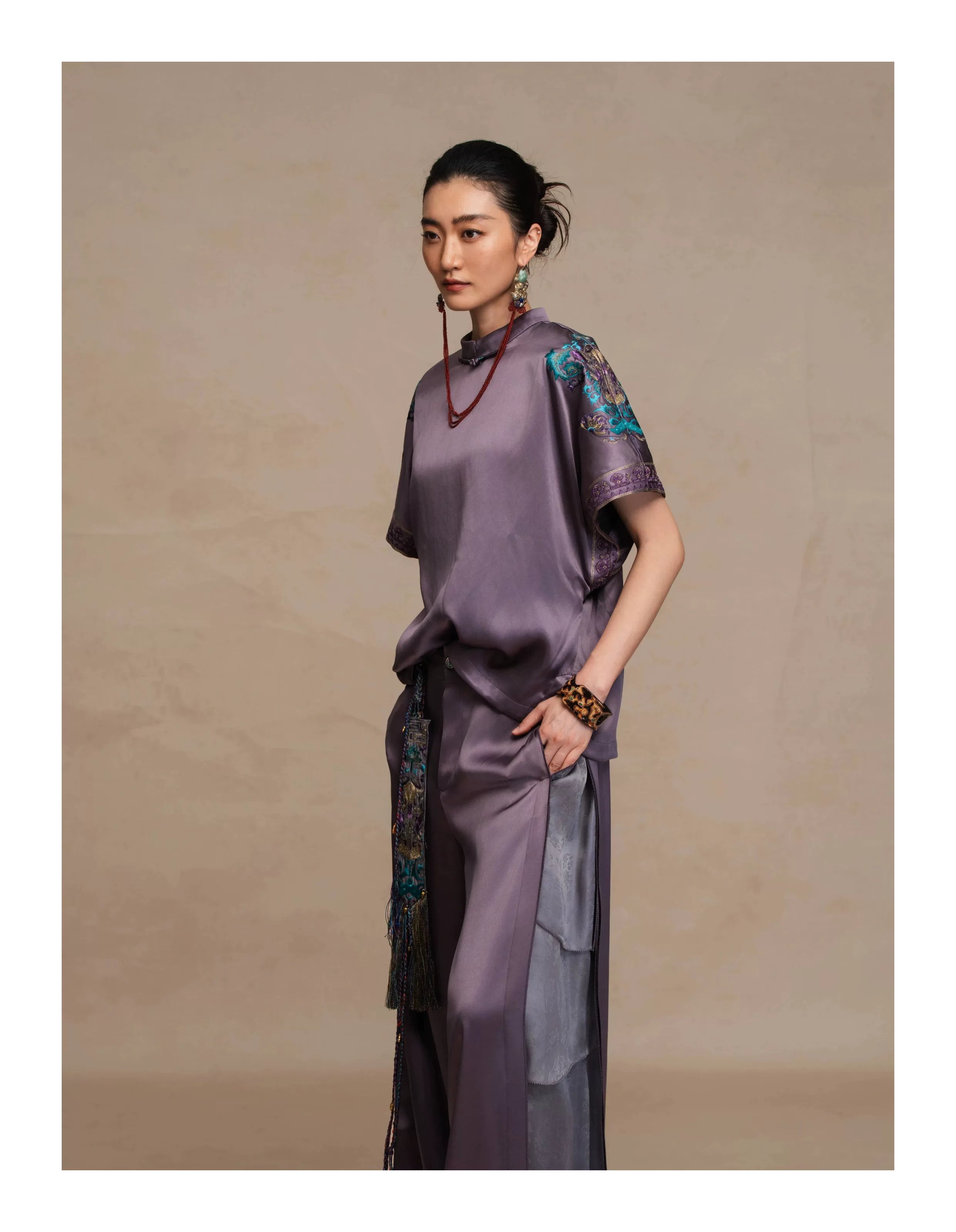 Luxury Imperial Porcelain Silk Batwing Top- 26Y12401